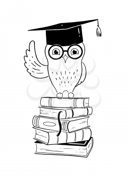 Vector line art illustration of owl sitting on books wearing mortarboard. Education symbol isolated of white background.