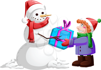 Royalty Free Clipart Image of a Snowman giving a Present
