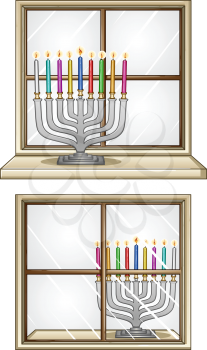Royalty Free Clipart Image of a Menorah on a Window Cill