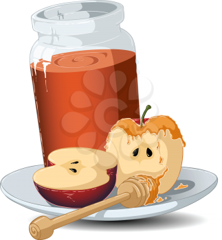 Royalty Free Clipart Image of a Jar of Honey and an Apple