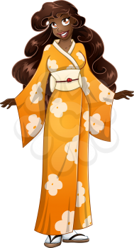 Vector illustration of an african woman in traditional yellow japanese kimono.