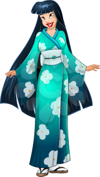 Vector illustration of an asian woman in traditional blue green japanese kimono.