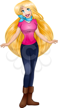 Vector illustration of a blond teenage girl in tshirt and long pants.