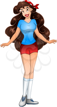 Vector illustration of a brunette teenage girl in tshirt and short pants.