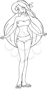 Vector illustration coloring page of a woman in swimsuit and sandals.