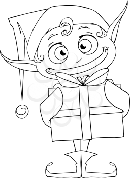 Vector illustration coloring page of a Christmas elf holding a present and smiling.