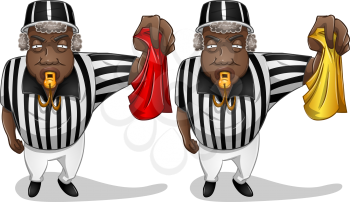 A vector illustration of a football referee holding a red or yellow flag and whistles.