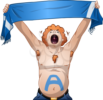 Vector illustration of a man holding a sports team scarf up high and cheers.