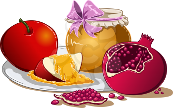 Vector illustration of honey apple and pomegranate on a plate for Rosh Hashanah the Jewish new year.