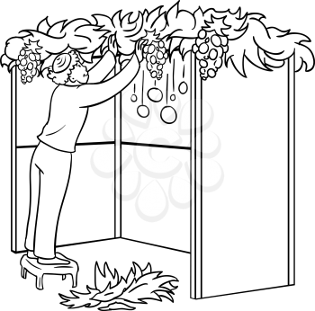 A vector illustration coloring page of a Jewish guy standing on a stool and building a Sukkah for the Jewish holiday Sukkot.