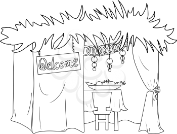 A Vector illustration coloring page of a Sukkah decorated with ornaments for the Jewish Holiday Sukkot.