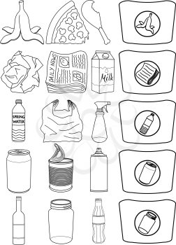Vector illustration pack of organic paper plastic aluminium and glass items for recycling.
