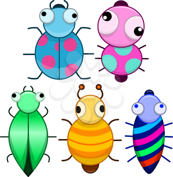 Vector illustration pack of cute colourful cartoonic little bugs.
