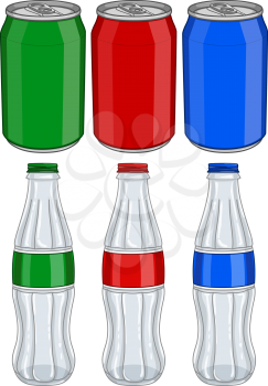 Vector illustration pack of red green and blue soda cans and glass bottles.
