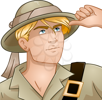 Vector illustration of a blond nature explorer looking up.