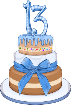Vector illustration of 3 floors blue cake with the number 13 on top for Bar Mitzvah.