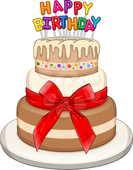 Vector illustration of 3 floors birthday cake with Happy Birthday text on top.