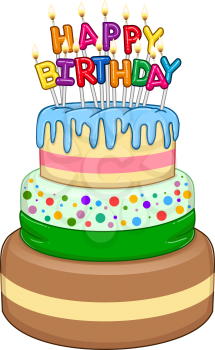 Vector illustration of 3 floors birthday cake with Happy Birthday text and candles on top.