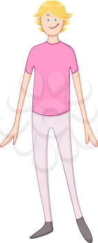 Vector illustration of a blond guy in pink shirt standing and smiling.