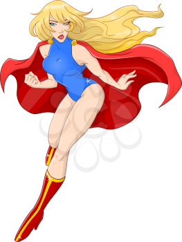 Vector illustration of super woman flying with red cape.