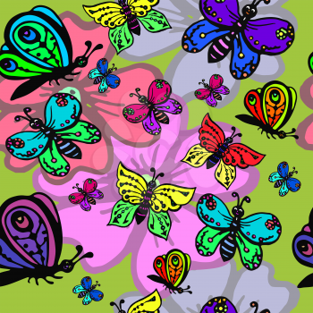 Vector graphic, artistic, stylized image of seamless pattern with decorative butterflies on flowers
