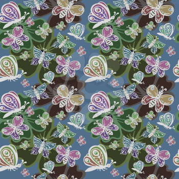 Vector graphic, artistic, stylized image of seamless pattern with decorative butterflies on flowers