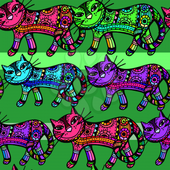 Vector graphic, artistic, stylized image of Seamless pattern with decorative cat image
