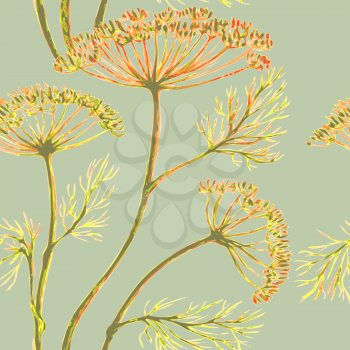 Vector graphic, artistic, stylized image of seamless pattern watercolor sprigs of greenery, Dill, Fennel
