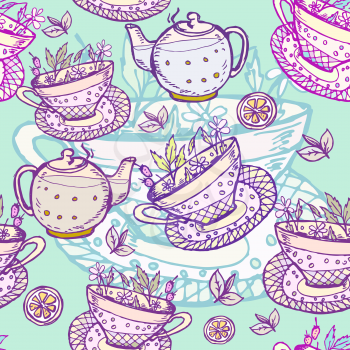 Vector graphic, artistic, stylized image of seamless pattern watercolor with cup of tea, coffee