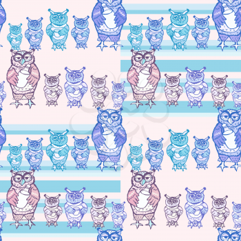 Vector seamless pattern with the image of an owl with chick. Image and background are on separate layers.