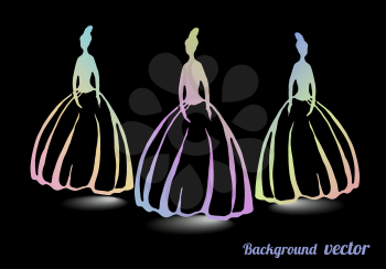 Silhouettes of three girls in a beautiful evening gown, stylized flower. Vector illustration. Eps10.