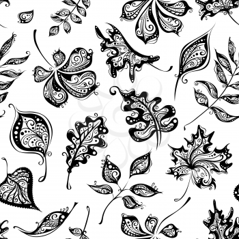 Ornate background of hand-drawn leaves for your design. Black and white illustration.