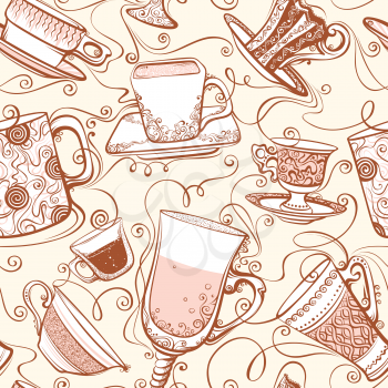 Seamless background with various ornate cups of tea/coffee.