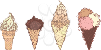 Four hand-drawn ice-cream cones isolated on white background.