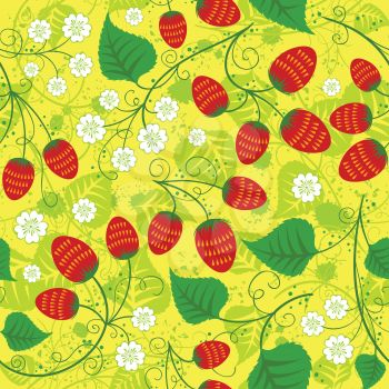 Seamless pattern with strawberries and flowers on yellow background for your design. 