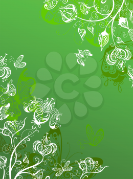 Green background with ornate flowers and butterflies and place for your text.