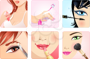 Health and beauty icons with floral vintage elements. Eyebrow pencil, lipstick, mascara, nail polish, perfume and rouge with brush.