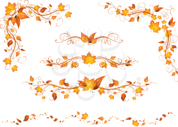 Ornate design elements with bright autumn leaves isolated on a white background.