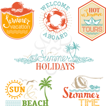 Design elements for Summer Designs. Travel symbols, badges and logo templates isolated on white background. 