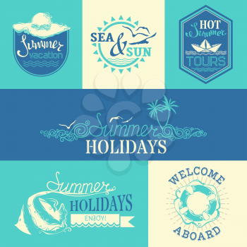 Travel and vacation emblems, symbols, badges and logo templates on bright background. Summer Holidays / Hot Summer Tours / Welcome Aboard / Summer Vacation / Sea and Sun.