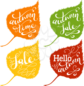 Hand-written words on colourful leaves isolated on white background. Hello Autumn. Autumn Sale. Autumn Time. 