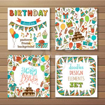 Set of seamless pattern, garland frame, square background, hand-drawn lettering and various design elements on wood background.