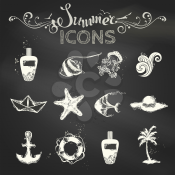 Vintage summer and travel symbols for your tropical design on blackboard background. 