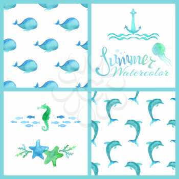 Summer lettering, blue watercolor whales and dolphins, sea horse, jellyfish, starfish, algae, anchor and waves isolated on white background. 