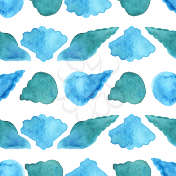 Various watercolor shells on white background. Boundless background for your design.