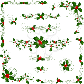 Ornate elements with holly berries isolated on white background.