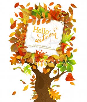 Bright colourful birch, elm, oak, rowan, maple, chestnut, aspen leaves and acorns on autumn tree. White square sheet of paper on it. You can place your text in the center.