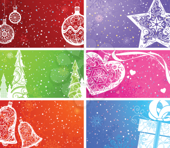 Coloгrful backgrounds with Christmas elements. Christmas balls, Christmas tree, Christmas decorations, bell, heart, star and gift. The size of each background is 3,2x2 inch, as size of business card.