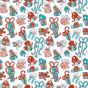 Doodles gifts on white background. Boundless texture can be used for web page backgrounds, wallpapers, wrapping papers, invitation, congratulations and festive designs. 