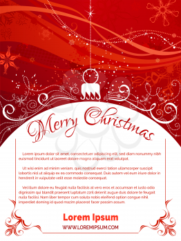 Bright background with Christmas tree decoration on foreground, snowflakes and swirls elements on red grunge background. There is copy space for your text on white area.